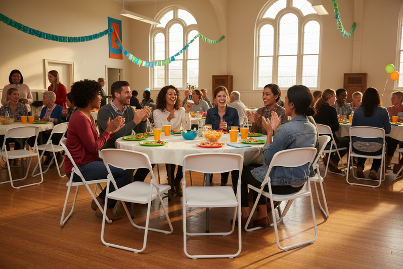 Bizchair-5-foot-round-banquet-table-set-with-8-folding-chairs-in-use