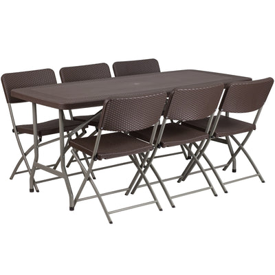 5.62-Foot Rattan Indoor-Outdoor Plastic Folding Table Set with 6 Chairs - View 1