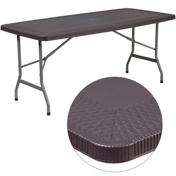 5.62-Foot Brown Rattan Indoor-Outdoor Plastic Folding Table-Umbrella Hole