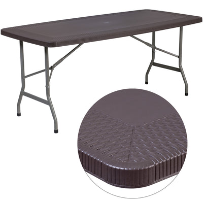 5.62-Foot Rattan Indoor-Outdoor Plastic Folding Table with Umbrella Hole - View 1