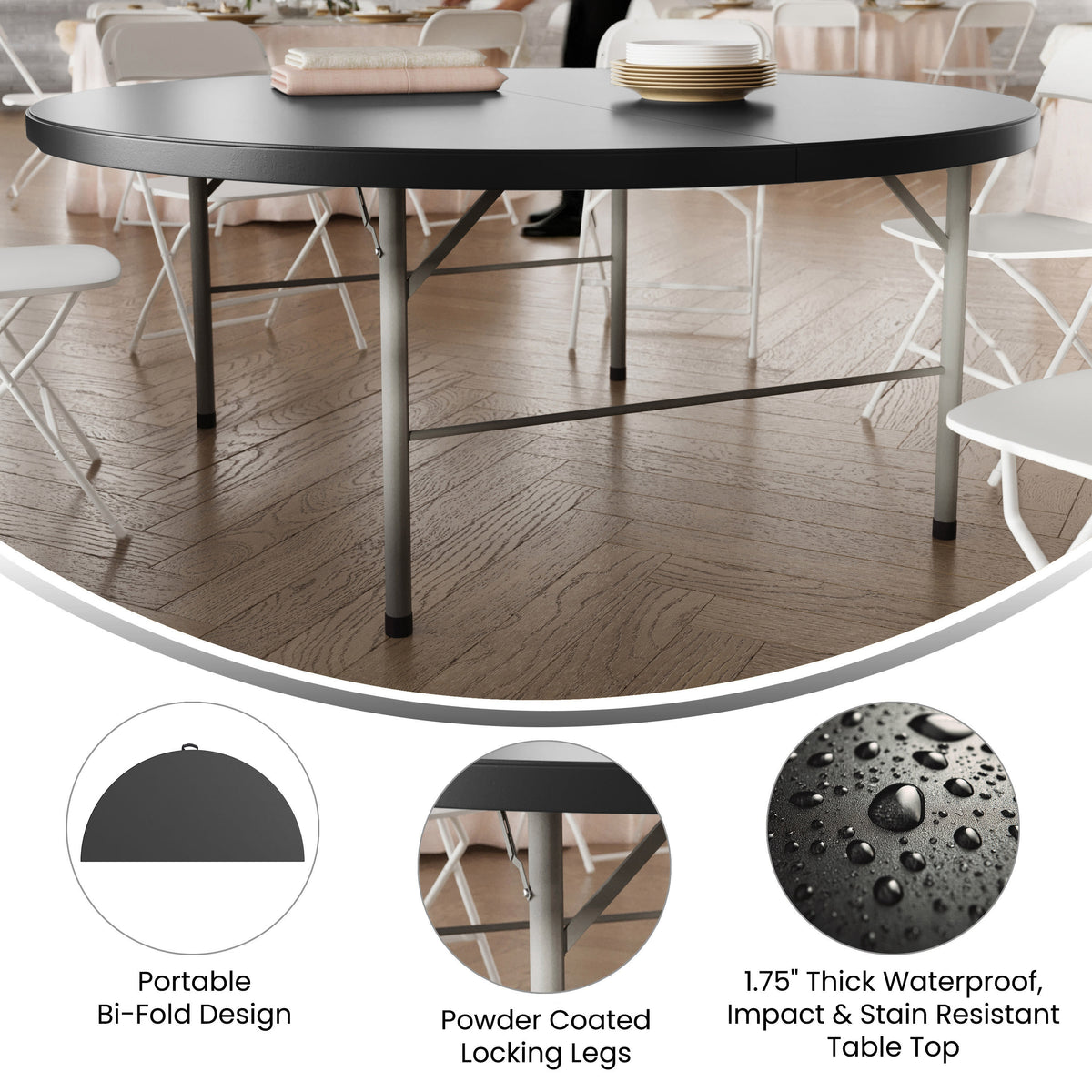 Granite Black |#| 5.89-Foot Round Bi-Fold Granite Black Plastic Banquet Folding Table with Handle