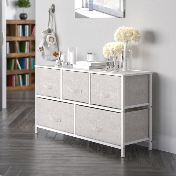 Gray Drawers/White Frame |#| 5 Drawer Storage Chest with Black Wood Top & Light Gray Fabric Pull Drawers