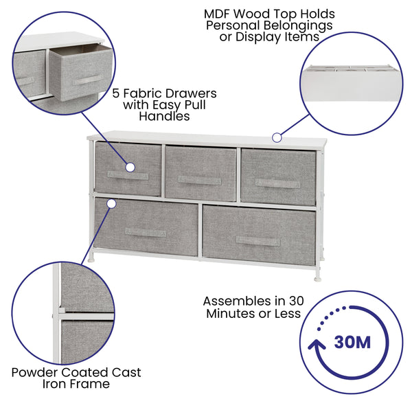 Gray Drawers/White Frame |#| 5 Drawer Storage Chest with Black Wood Top & Light Gray Fabric Pull Drawers