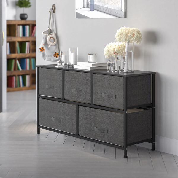 Gray Drawers/Black Frame |#| 5 Drawer Storage Chest with Black Wood Top & Dark Gray Fabric Pull Drawers