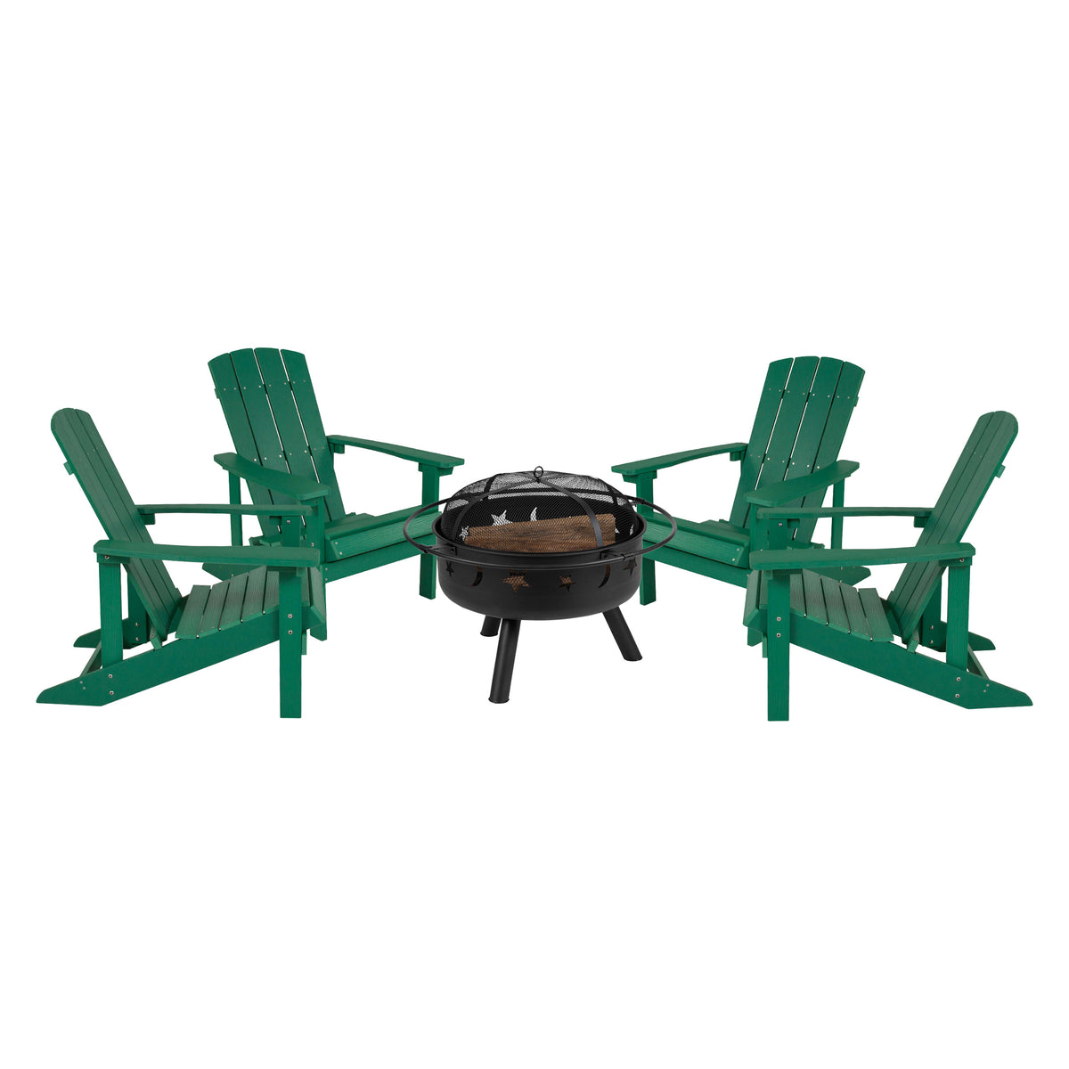 Green |#| Star and Moon Fire Pit with Mesh Cover & 4 Green Poly Resin Adirondack Chairs