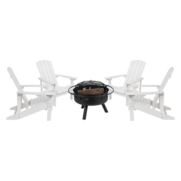 White |#| Star and Moon Fire Pit with Mesh Cover & 4 White Poly Resin Adirondack Chairs