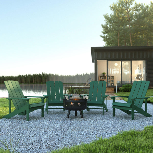 Green |#| Star and Moon Fire Pit with Mesh Cover & 4 Green Poly Resin Adirondack Chairs