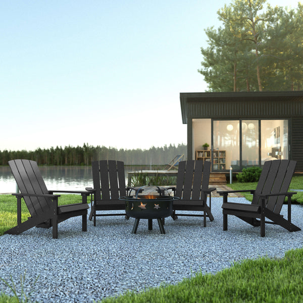 Slate Gray |#| Star & Moon Fire Pit with Mesh Cover & 4 Slate Gray Poly Resin Adirondack Chairs