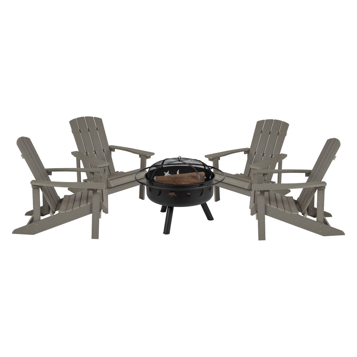 Light Gray |#| Star and Moon Fire Pit with Mesh Cover & 4 Lt. Gray Poly Resin Adirondack Chairs
