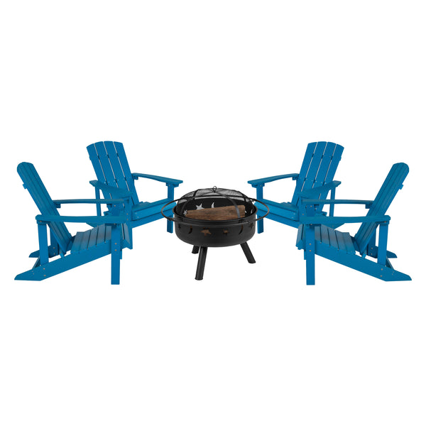 Blue |#| Star and Moon Fire Pit with Mesh Cover & 4 Blue Poly Resin Adirondack Chairs