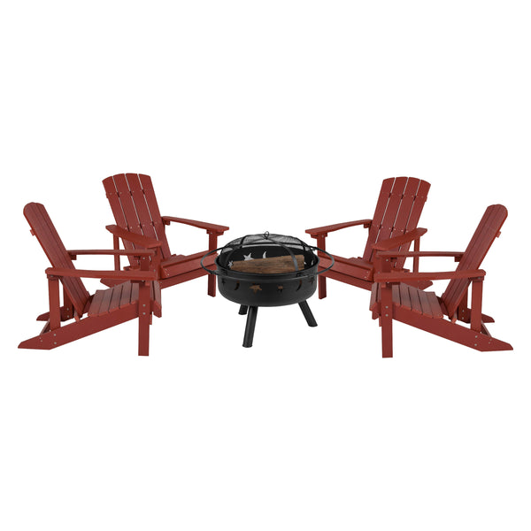 Red |#| Star and Moon Fire Pit with Mesh Cover & 4 Red Poly Resin Adirondack Chairs