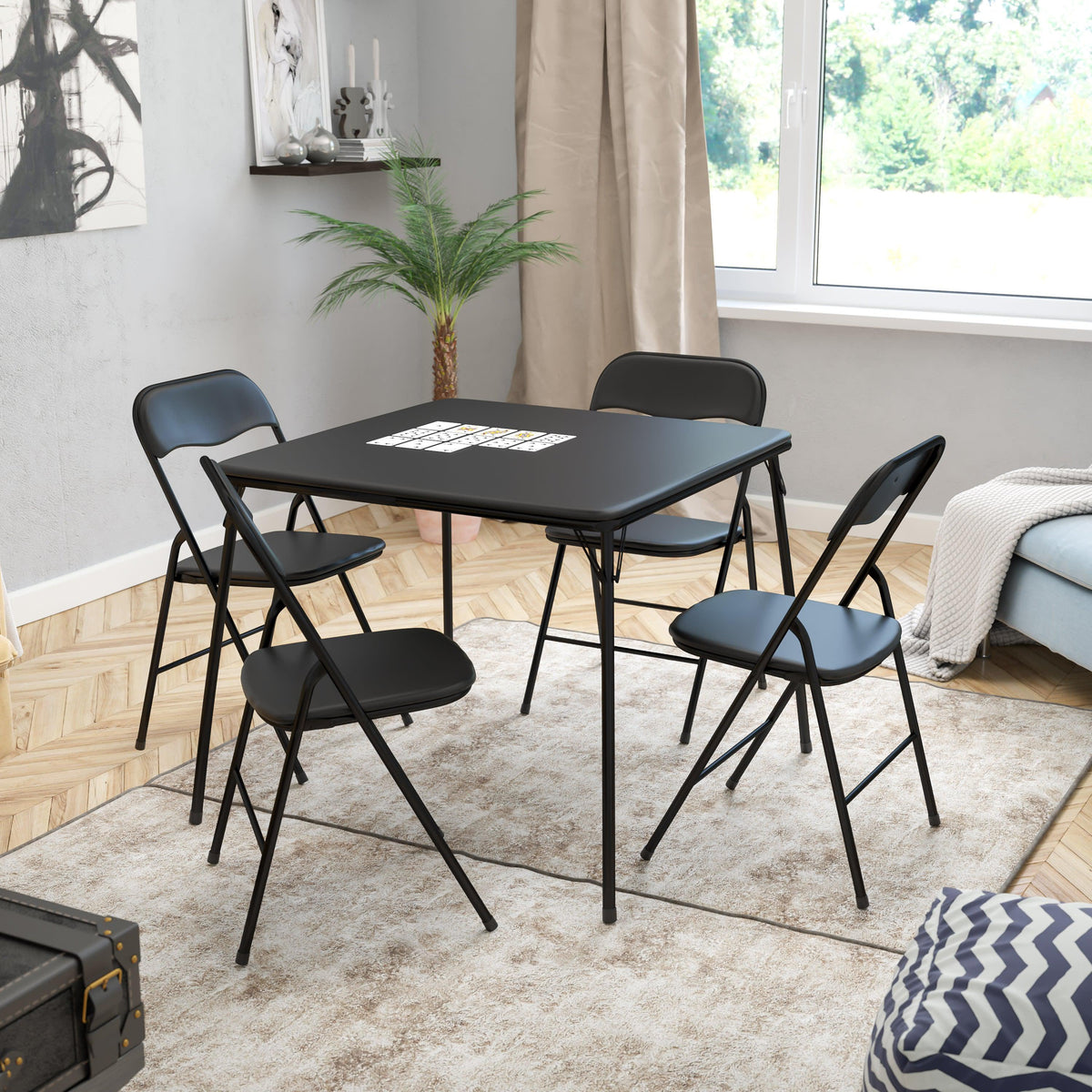 Black |#| 5 Piece Black Folding Card Table and Chair Set with Upholstered Table Top