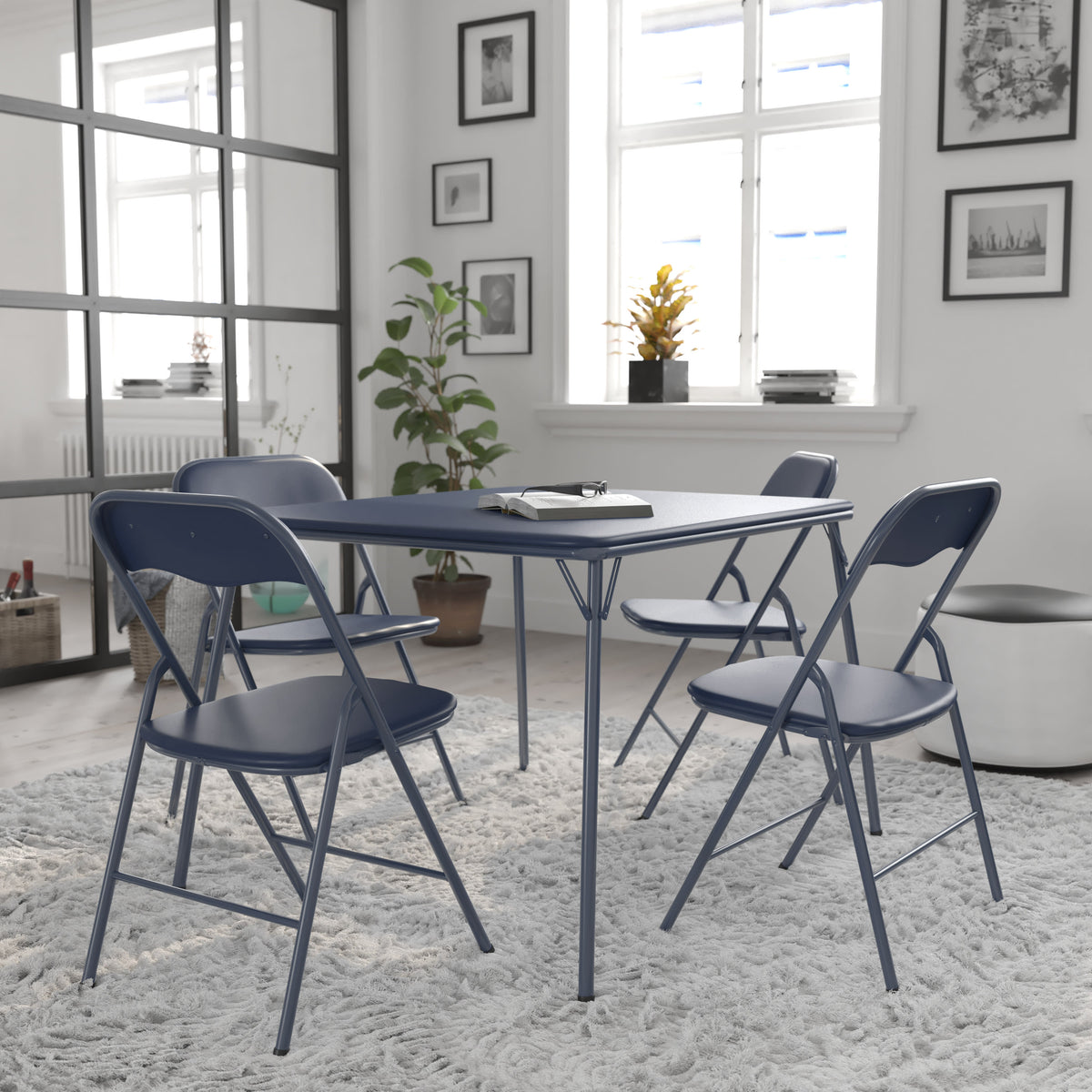 Navy |#| 5 Piece Navy Folding Card Table and Chair Set with Upholstered Table Top