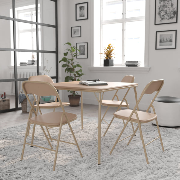 Tan |#| 5 Piece Tan Folding Card Table and Chair Set with Upholstered Table Top