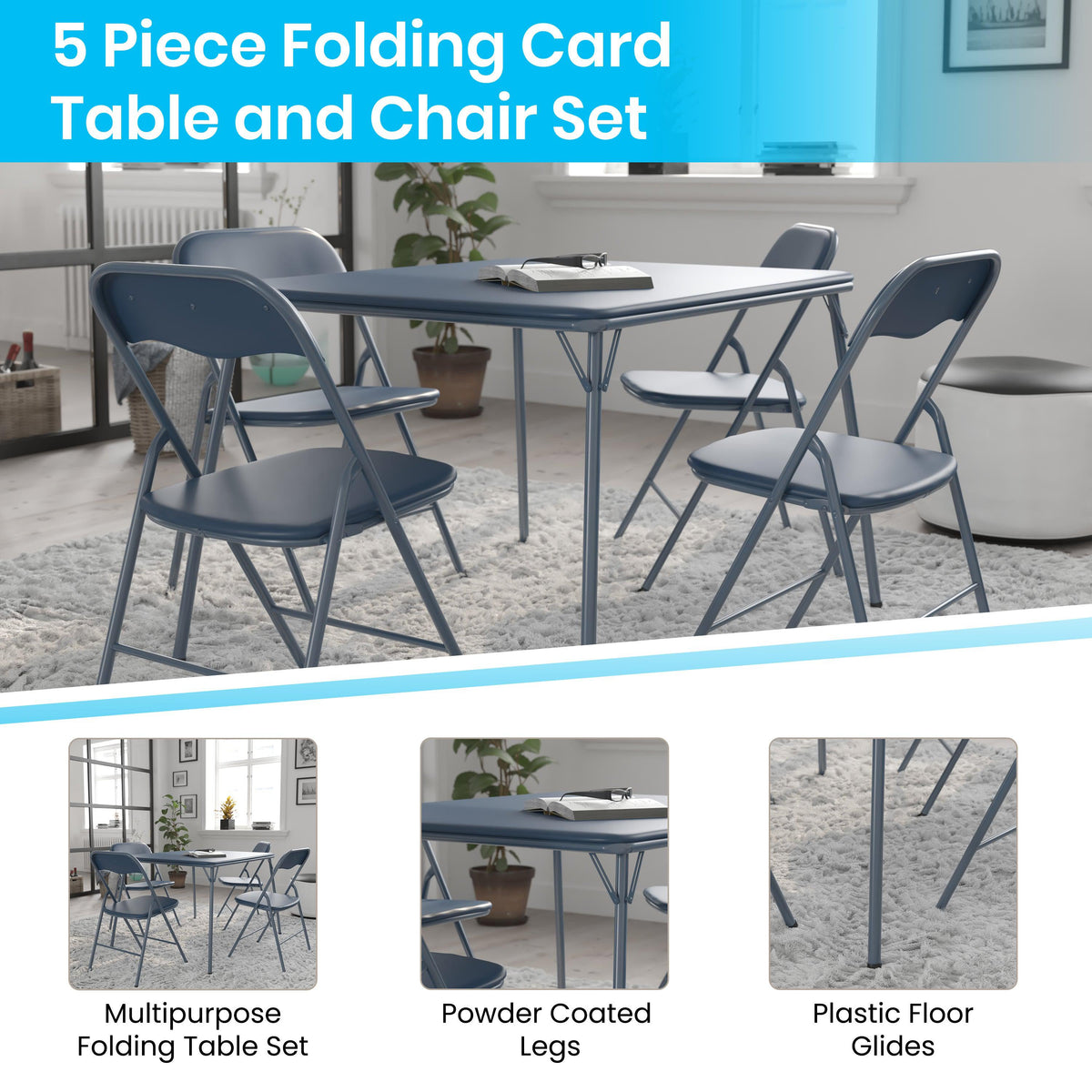 Navy |#| 5 Piece Navy Folding Card Table and Chair Set with Upholstered Table Top