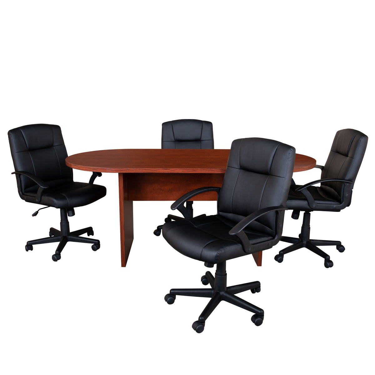 Cherry |#| 5 Piece Cherry Oval Conference Table with 4 Black LeatherSoft-Padded Chairs