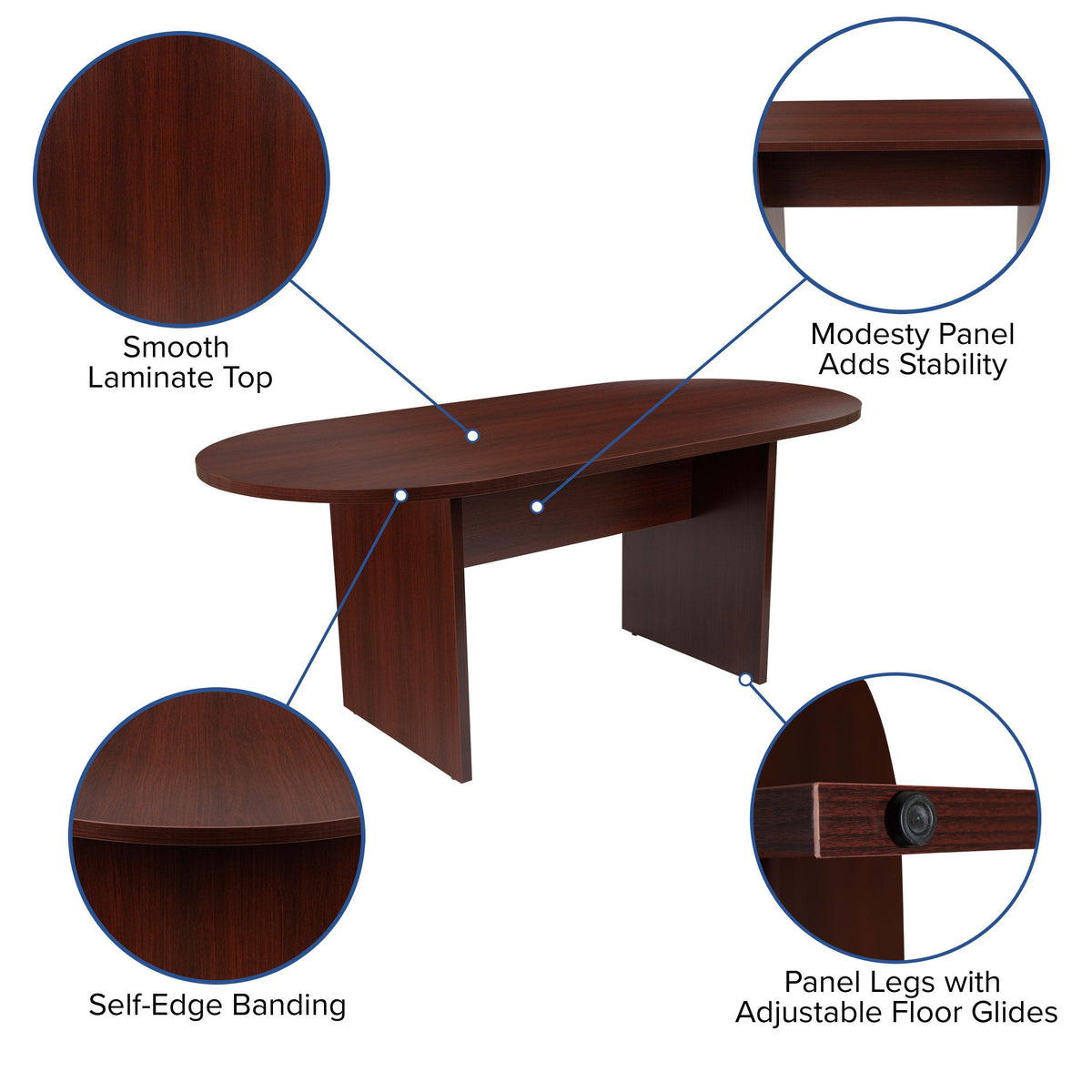 Mahogany |#| 5 Piece Mahogany Oval Conference Table with 4 Black LeatherSoft-Padded Chairs