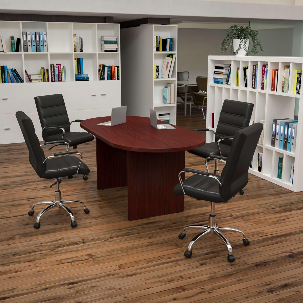 Mahogany |#| 5 Piece Mahogany Oval Conference Table with 4 Black/Chrome LeatherSoft Chairs