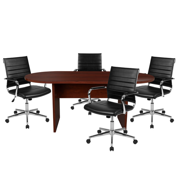 Mahogany |#| 5 Piece Mahogany Oval Conference Table with 4 Black LeatherSoft Ribbed Chairs