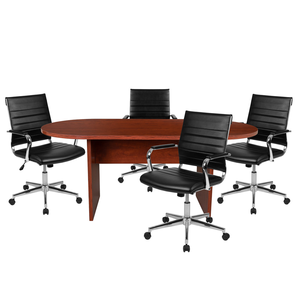 Cherry |#| 5 Piece Cherry Oval Conference Table with 4 Black LeatherSoft Ribbed Chairs