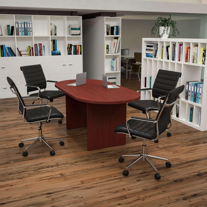 Cherry |#| 5 Piece Cherry Oval Conference Table with 4 Black LeatherSoft Ribbed Chairs