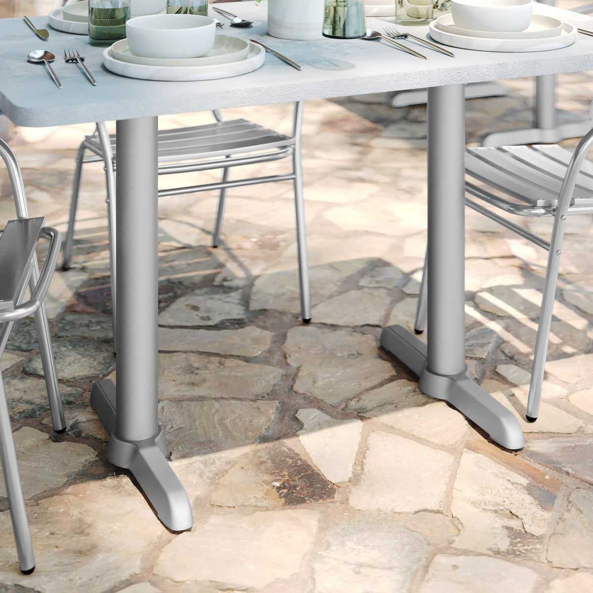 Silver |#| Commercial Silver Table T-Base with 3" Diameter Table Height Column - 5" x 22"