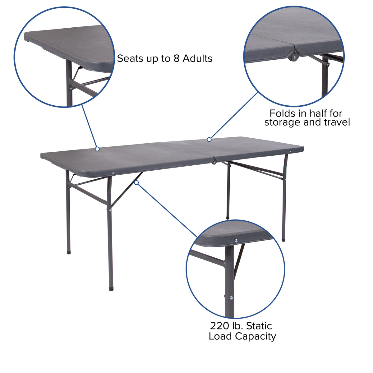 Dark Gray |#| 6-Foot Bi-Fold Dark Gray Plastic Folding Table with Carrying Handle