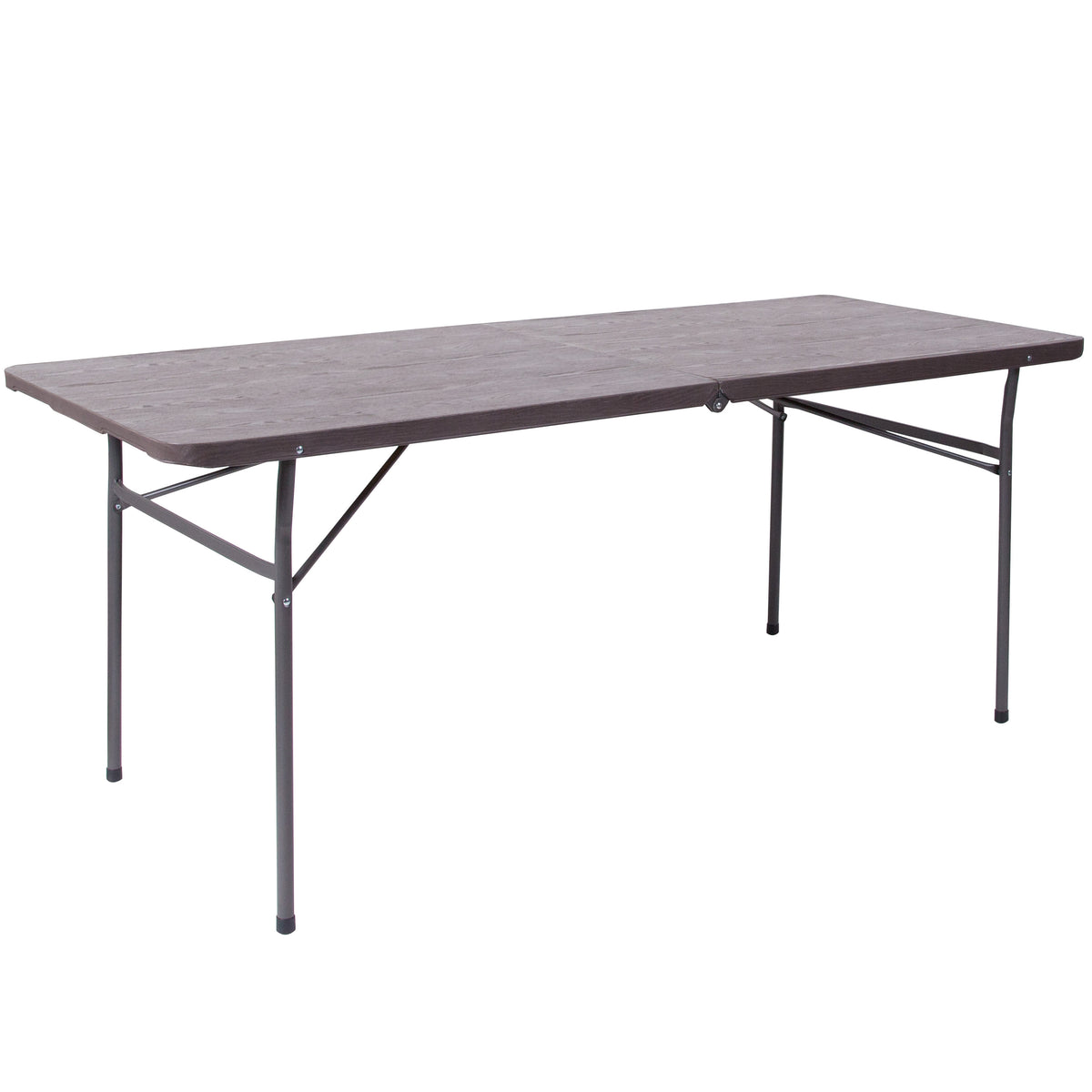 Brown |#| 6-Foot Bi-Fold Brown Wood Grain Plastic Folding Table with Carrying Handle