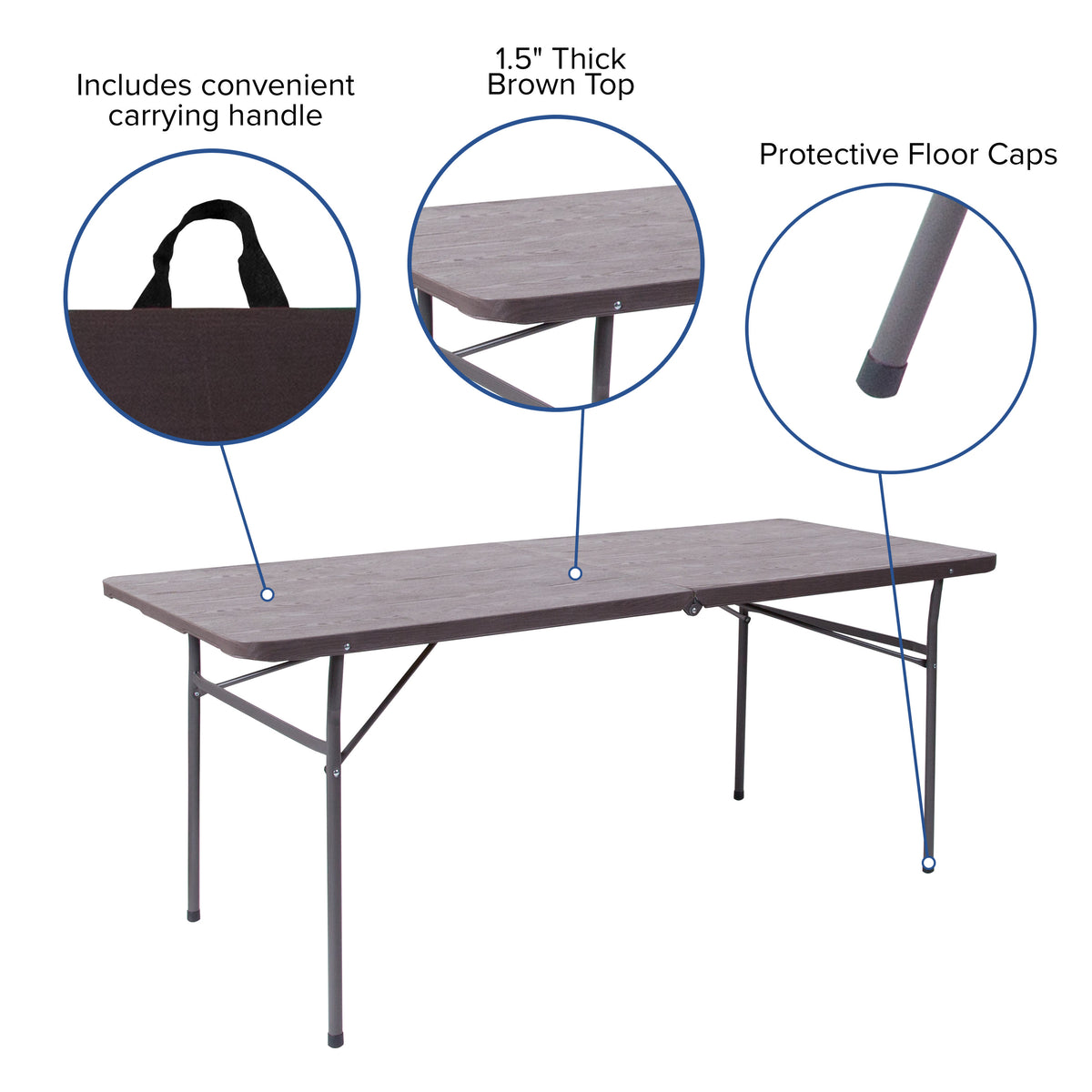 Brown |#| 6-Foot Bi-Fold Brown Wood Grain Plastic Folding Table with Carrying Handle