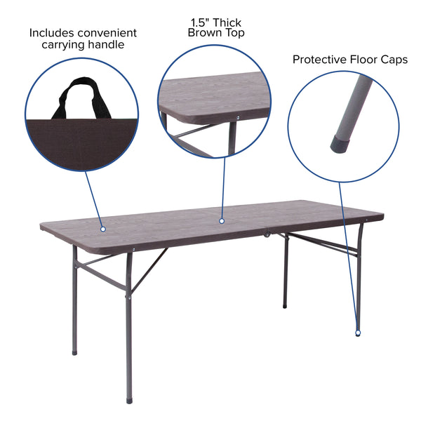 Brown |#| 6-Foot Bi-Fold Brown Wood Grain Plastic Folding Table with Carrying Handle