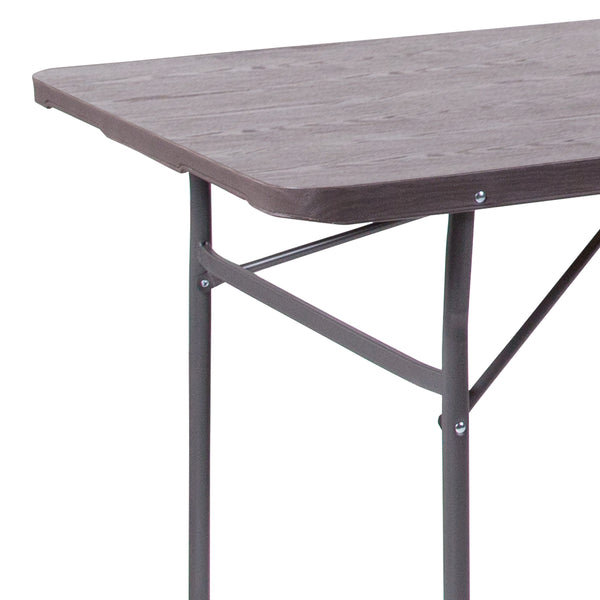 Brown |#| 6-Foot Bi-Fold Brown Wood Grain Plastic Folding Table with Carrying Handle