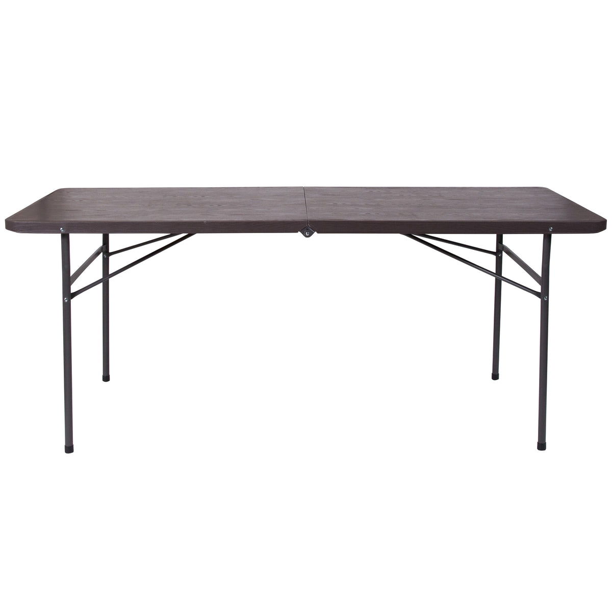 Brown |#| 6-Foot Bi-Fold Brown Wood Grain Plastic Folding Table with Carrying Handle