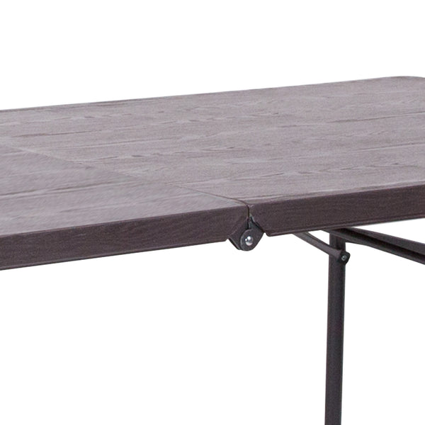 Brown |#| 6-Foot Bi-Fold Brown Wood Grain Plastic Folding Table with Carrying Handle