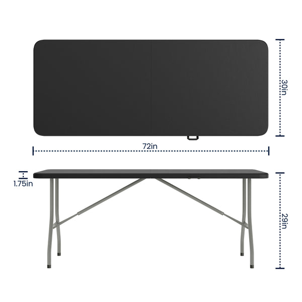 Black |#| 6-Foot Bi-Fold Granite Black Plastic Folding Table with Carrying Handle