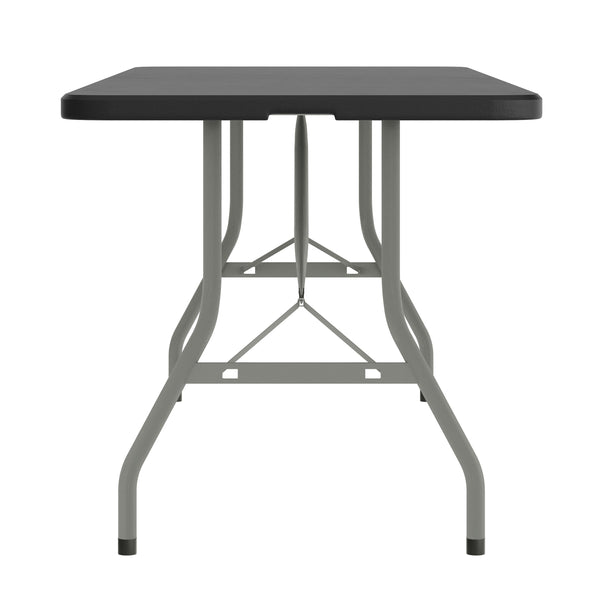 Black |#| 6-Foot Bi-Fold Granite Black Plastic Folding Table with Carrying Handle