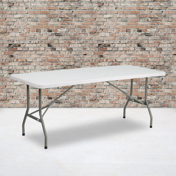 Granite White |#| 6-Foot Bi-Fold Granite White Plastic Folding Table with Carrying Handle