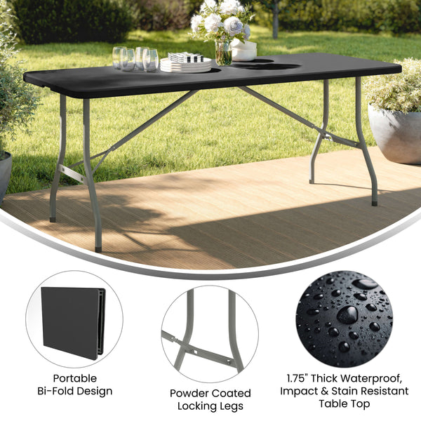 Black |#| 6-Foot Bi-Fold Granite Black Plastic Folding Table with Carrying Handle