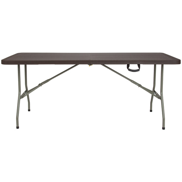 6-Foot Bi-Fold Brown Rattan Plastic Folding Table with Handle - Event Table