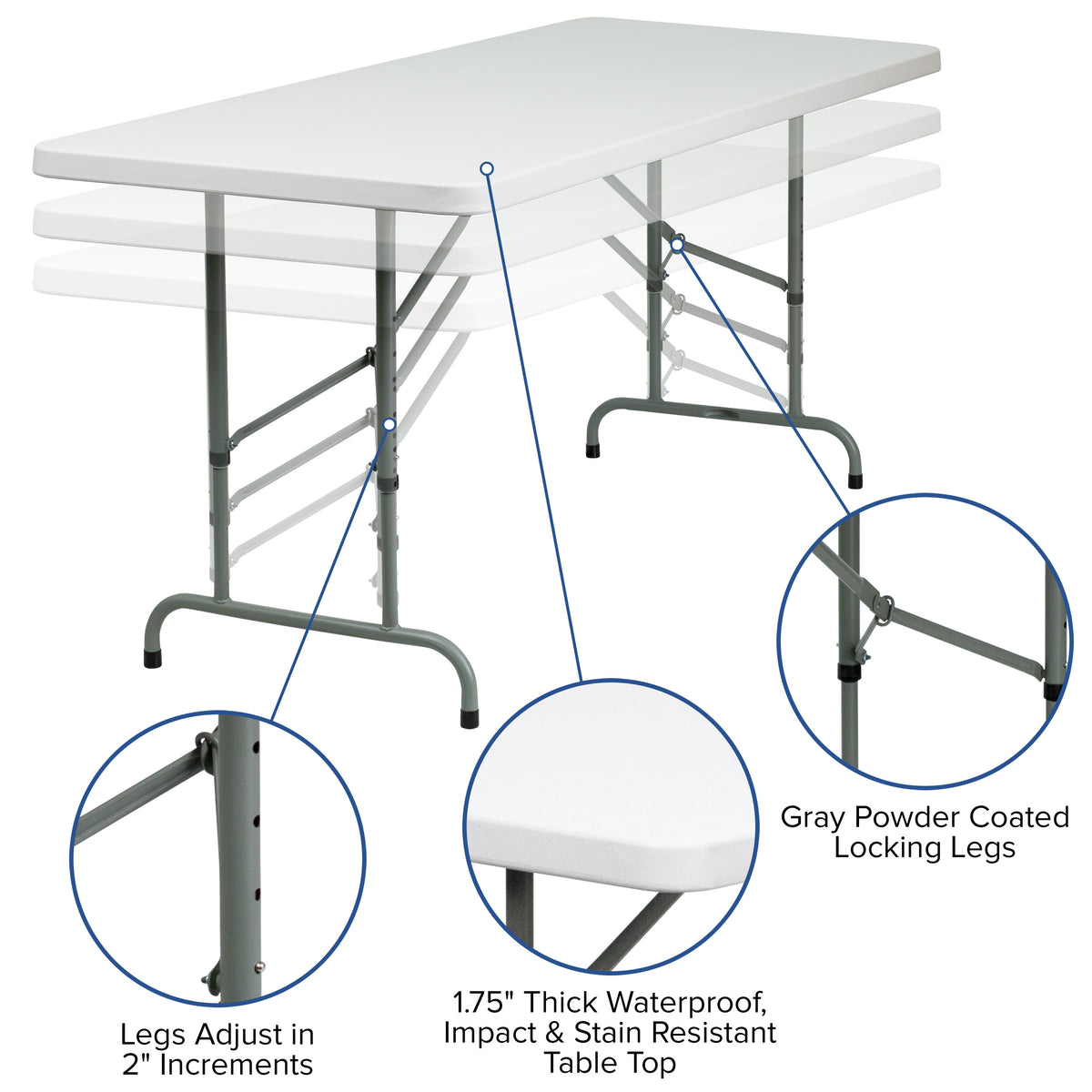 6-Foot Height Adjustable Granite White Plastic Folding Event Table