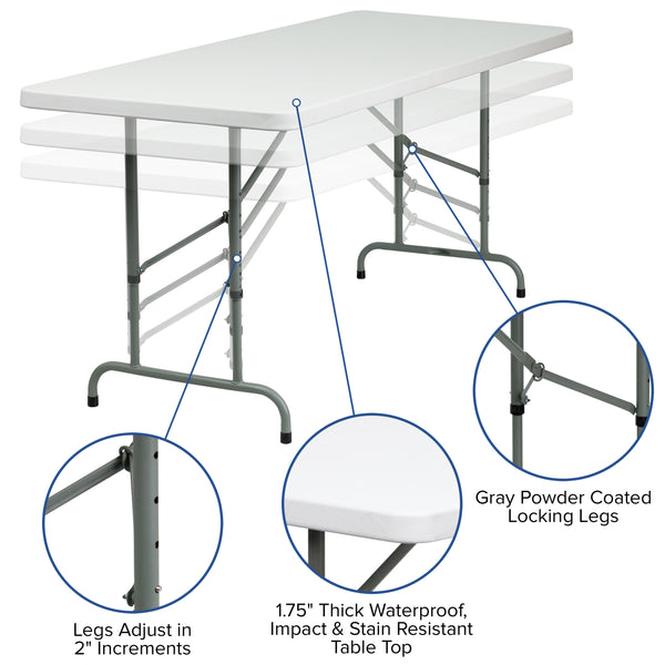 6-Foot Height Adjustable Granite White Plastic Folding Event Table