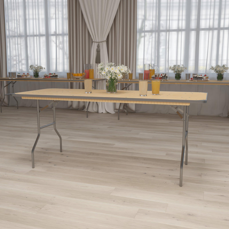 8-Foot Rectangular HEAVY DUTY Birchwood Folding Banquet Table with METAL Edges and Protective Corner Guards