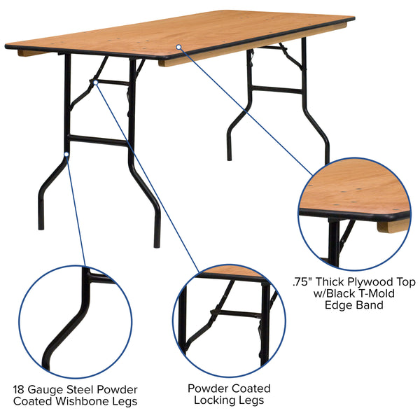 6-Foot Rectangular Wood Folding Banquet Table with Clear Coated Finished Top