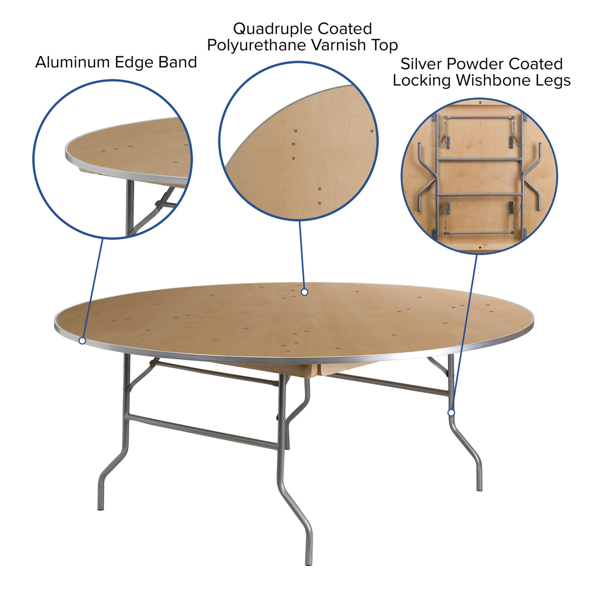 6-Foot Round HEAVY DUTY Birchwood Folding Banquet Table with METAL Edges