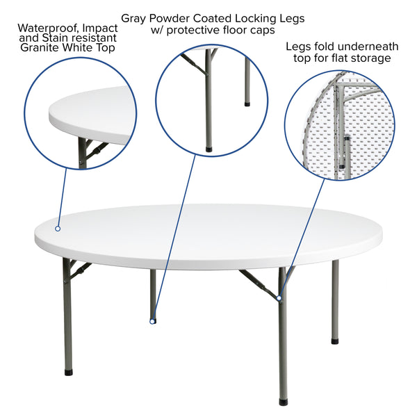 6-Foot Round White Plastic Banquet Folding Table - Event Table