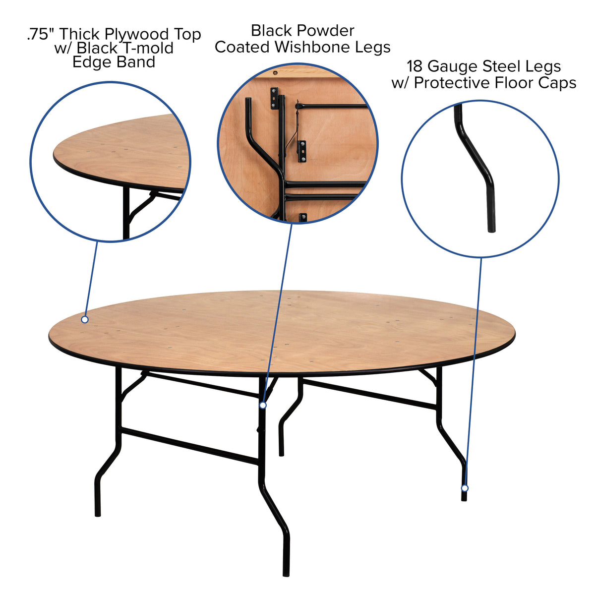 6-Foot Round Wood Folding Banquet Table with Clear Coated Finished Top