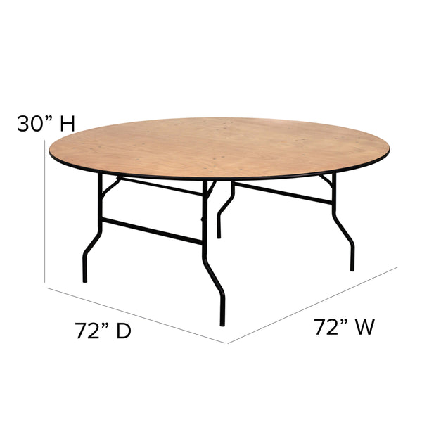 6-Foot Round Wood Folding Banquet Table with Clear Coated Finished Top