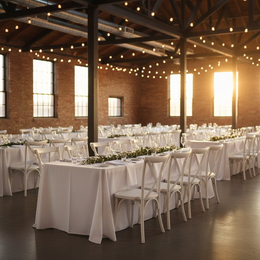 Bizchair-6-foot-wood-banquet-table-white-x-back-chair-industrial-warehouse-event-venue