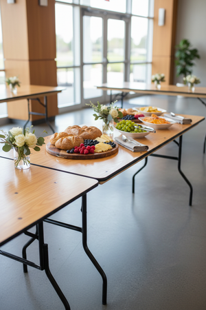 6-Foot Wood Folding Banquet Table — Natural Birch, Black Legs, Buffet Styling