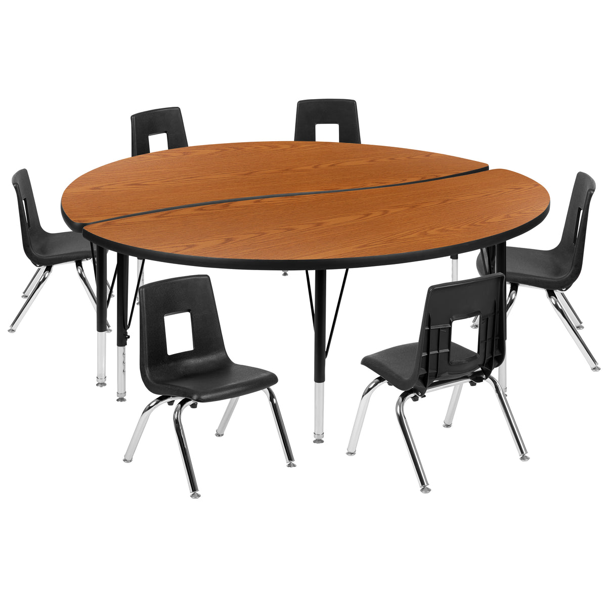 Oak |#| 60inch Circle Wave Activity Table Set with 12inch Student Stack Chairs, Oak/Black