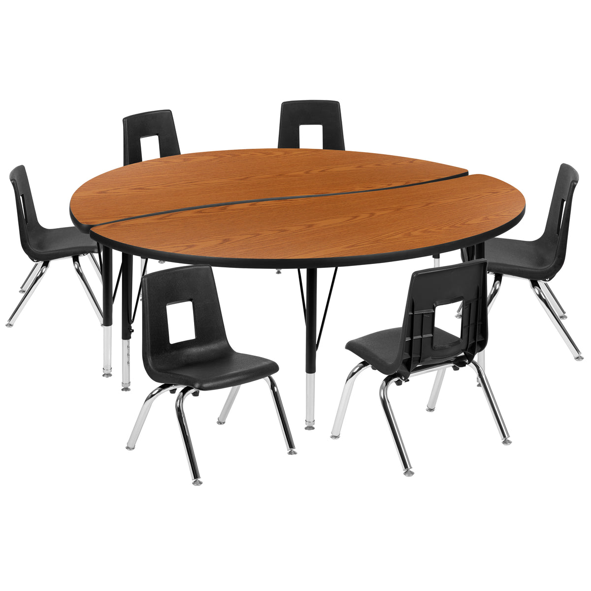 Oak |#| 60inch Circle Wave Activity Table Set with 14inch Student Stack Chairs, Oak/Black